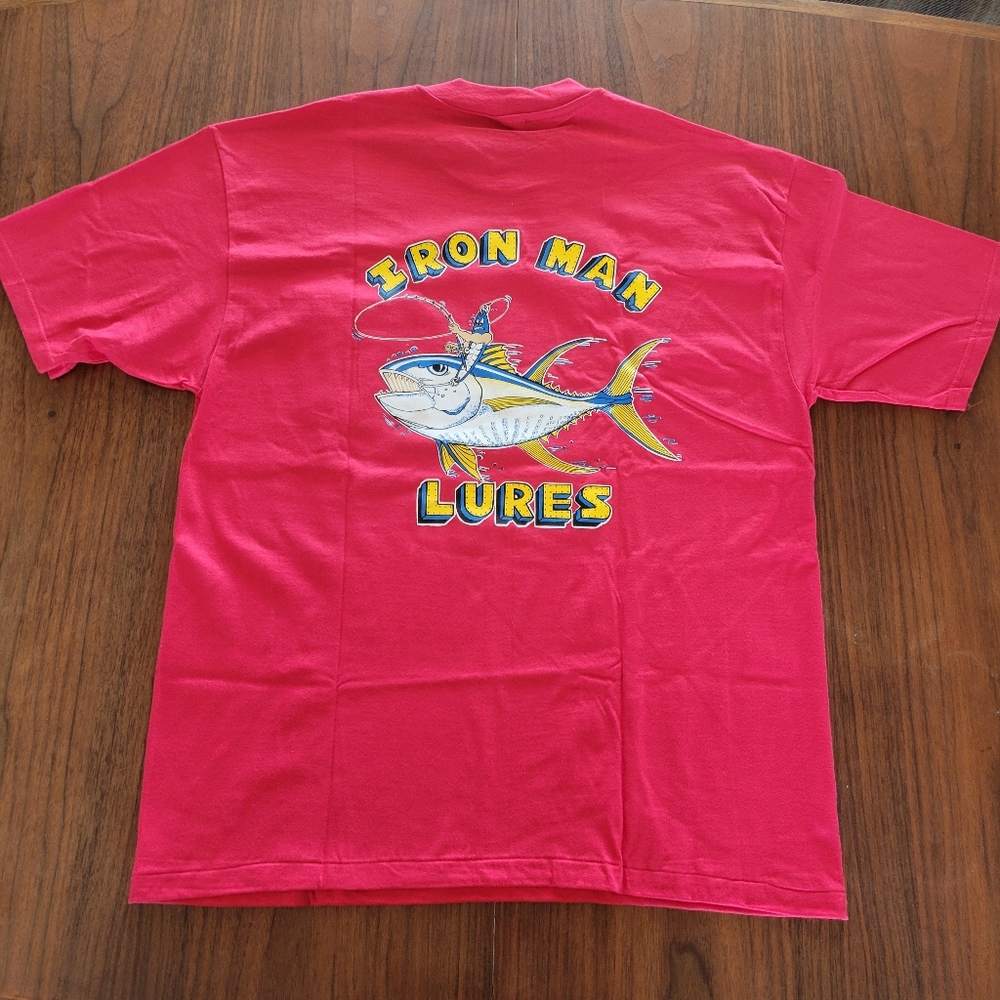 Vintage Iron Man Lires Fishing Graphic T Shirt XL Single Stitch Hanes Pocket
